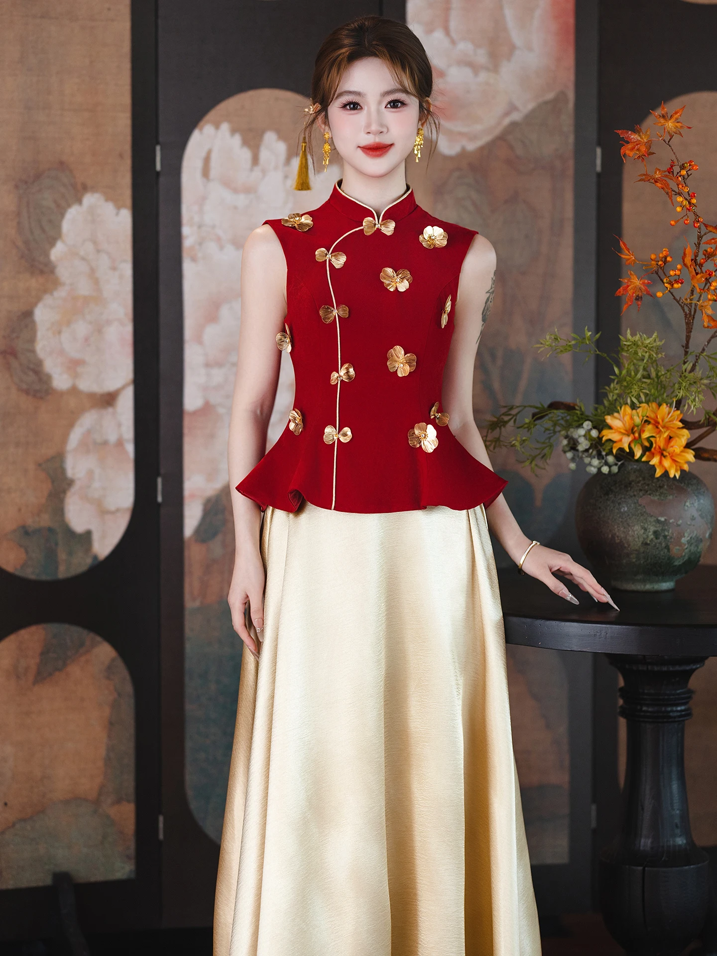 

Красное золотое свадебное платье в новом китайском стиле, красивый свадебный наряд для свадьбы и банкета, женская летняя мода