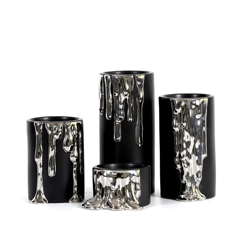 Ceramic Candle Holders Water Dripping Candleholder Silver Cylindrical Flowing Wax Ornaments Home Decoration Accessories