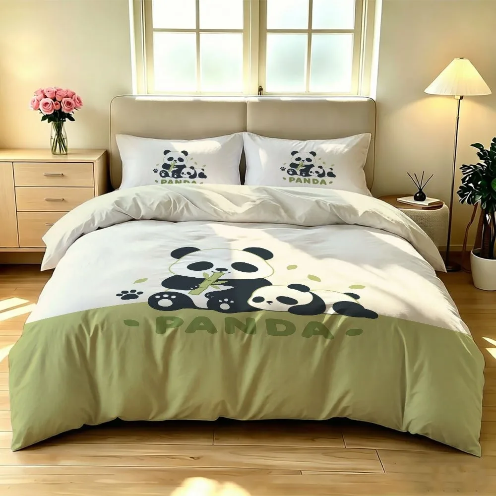 Cute Cartoon Panda Family Print Bedding Set Green Splicing Duvet Cover Set Pillowcase Kids Bedroom Bed Linen