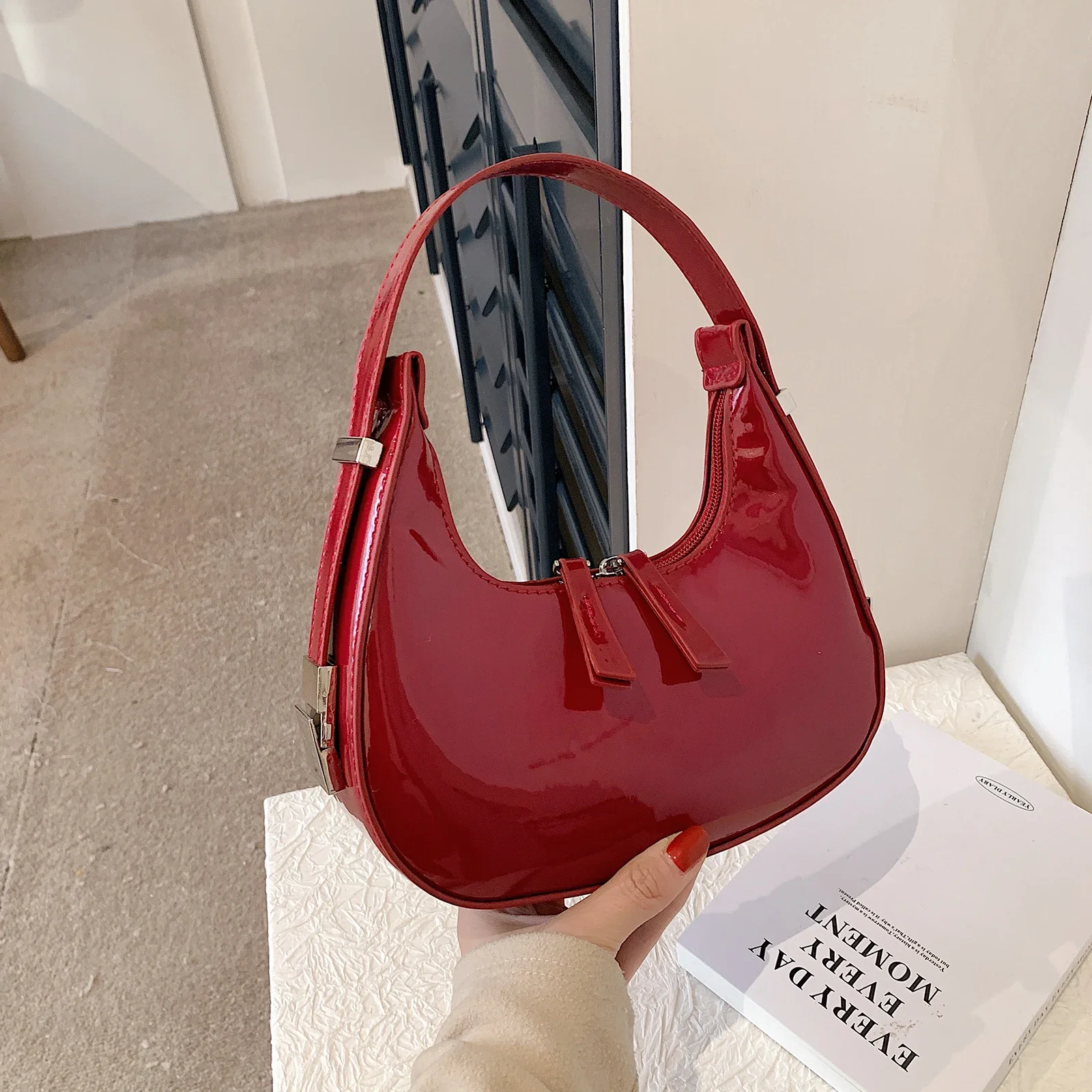 Half Moon Bag Vintage PU Leather Small Shoulder Bag for Women Girls  Hobo Handbag Luxury Retro Red Ladies Armpit Purses Totes