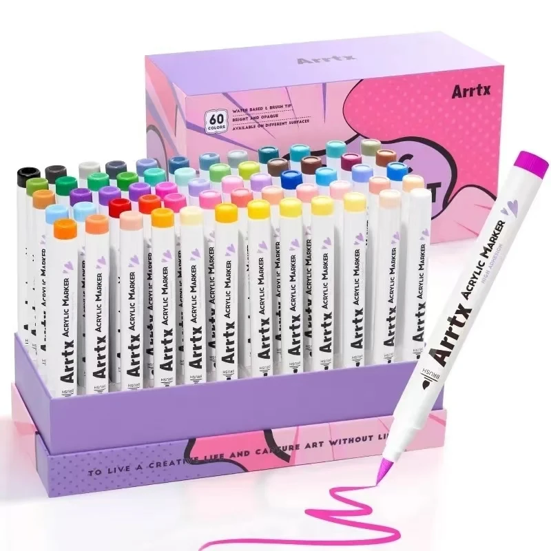 Arrtx 60 Kleuren Verf Markers Verfpennen, Acryl Markers Borsteltip voor Rock Painting, Hout, Canvas, DIY Ambachten Maken