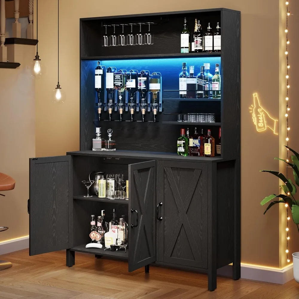 DWVO Gabinetes altos para licores con luz LED, gabinete para bar de licores de vino de 71" con dispensador de licores de 6 botellas y botellero, granja