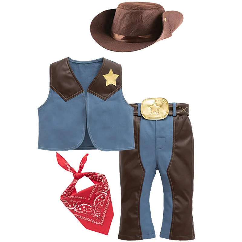 Boys Girls Western Cowboy Costume Set Cow Print Fringe Vest Outfit with Hat Children Suits Purim Holiday Outfits