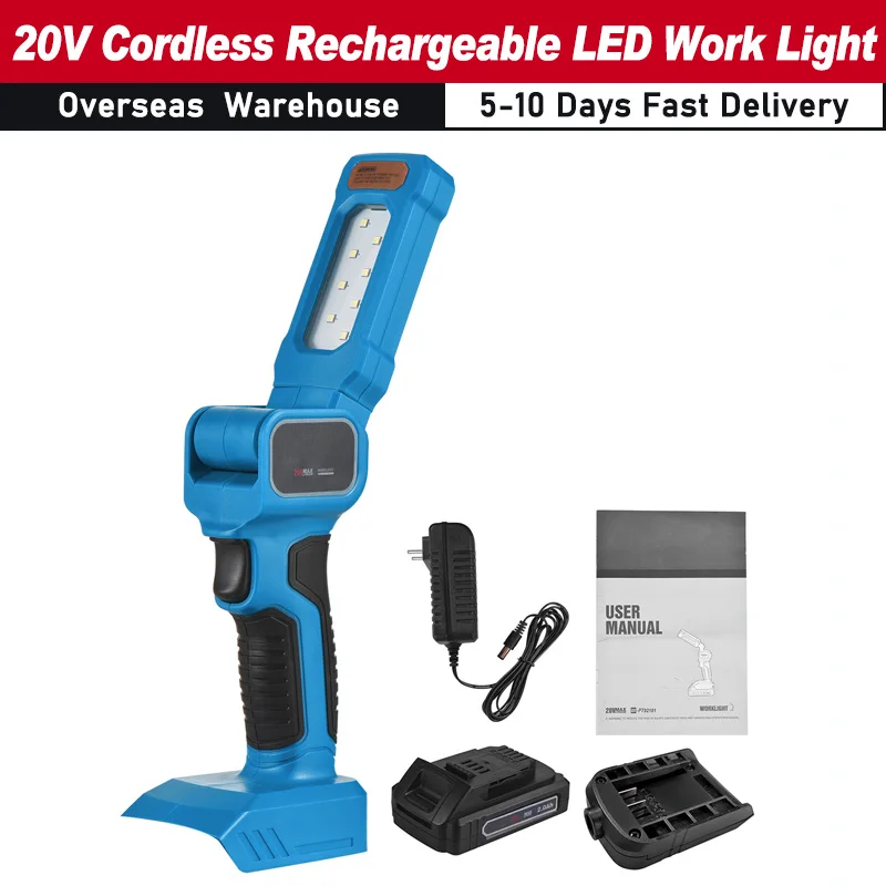 20V Cordless Rechargeable LED Work Light Rotatable Head Portable Handheld Illumination Lamp with Hook 2.0Ah Battery Charger