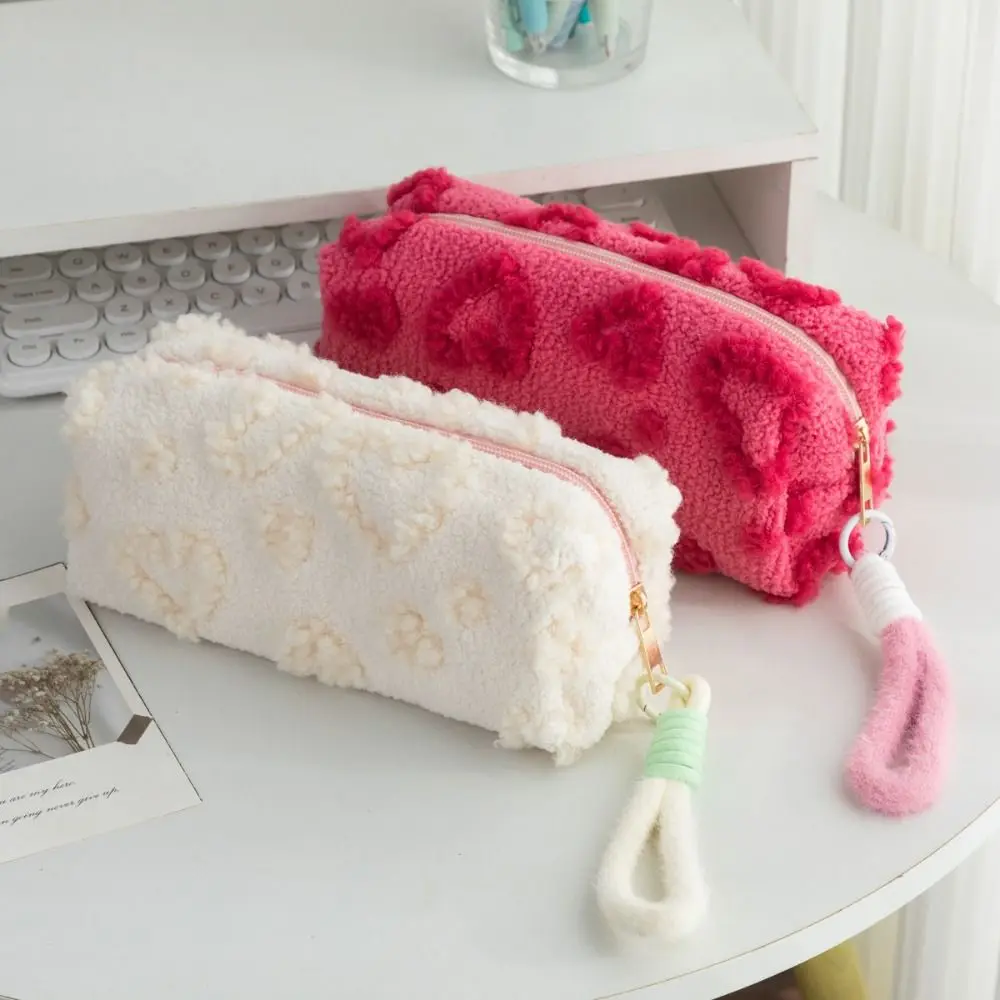 

Berber Fleece Pencil Case Lifting Rope Large Capacity Stationery Bag Love Heart Pattern Stationery Organizer Back to School