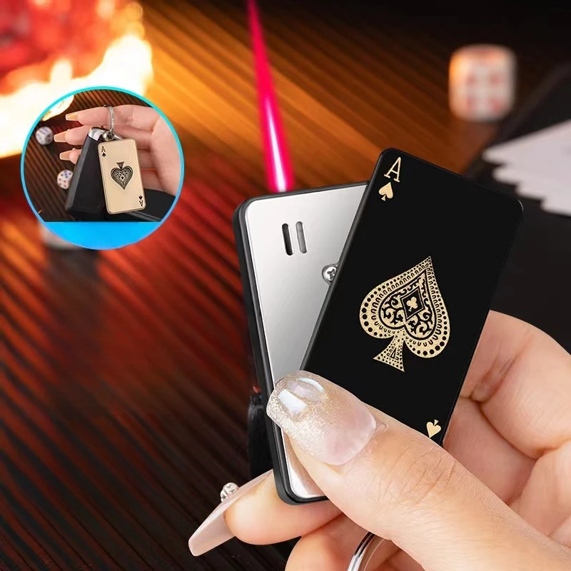 Creative Slim Keychain Poker Red Fire Inflatable Turbine Lighter Torch Red Flame Metal Windproof Butane Gas Lighters Men\'s Gifts