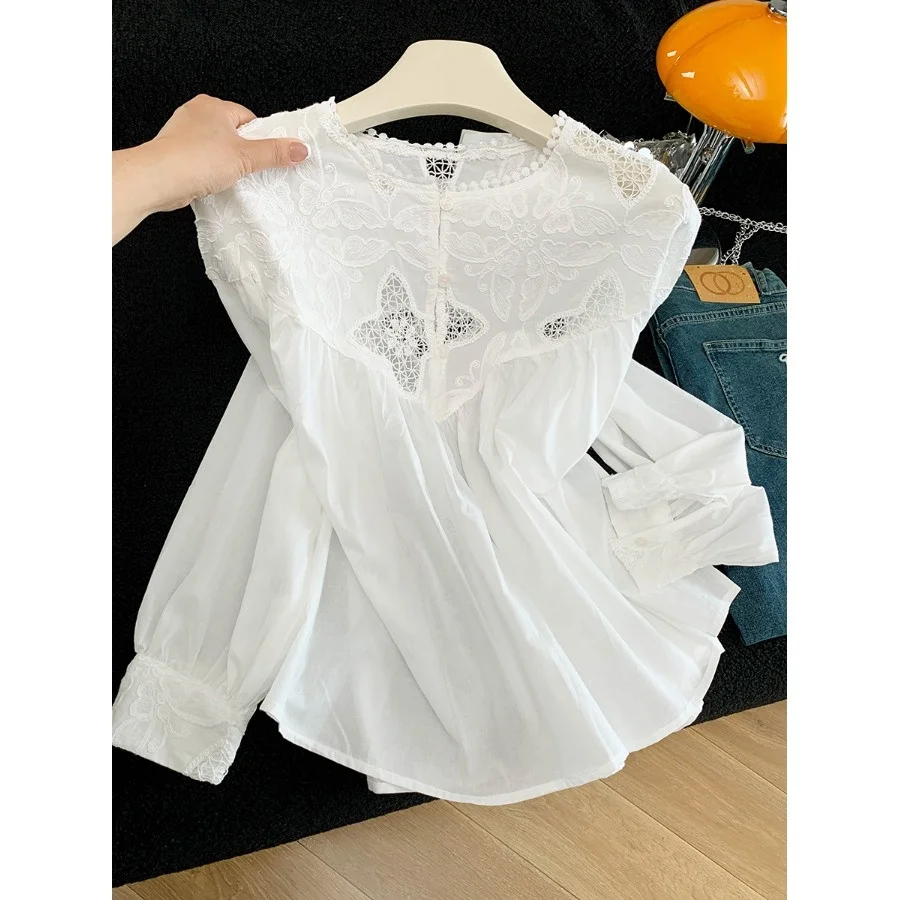 

Elegant Long Sleeve Embroidered Shirt Women's Loose Slimming Summer Fashion Pleated Concealing Doll Shirt French Style Breath...