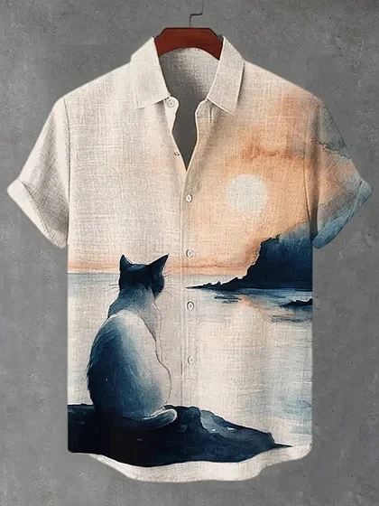 Funny Japanese Samurai Cat 3D Print Hawaiian Shirt Men Women Fashion Short Sleeve Single-Breasted Beach Shirts Men Blouse Manga