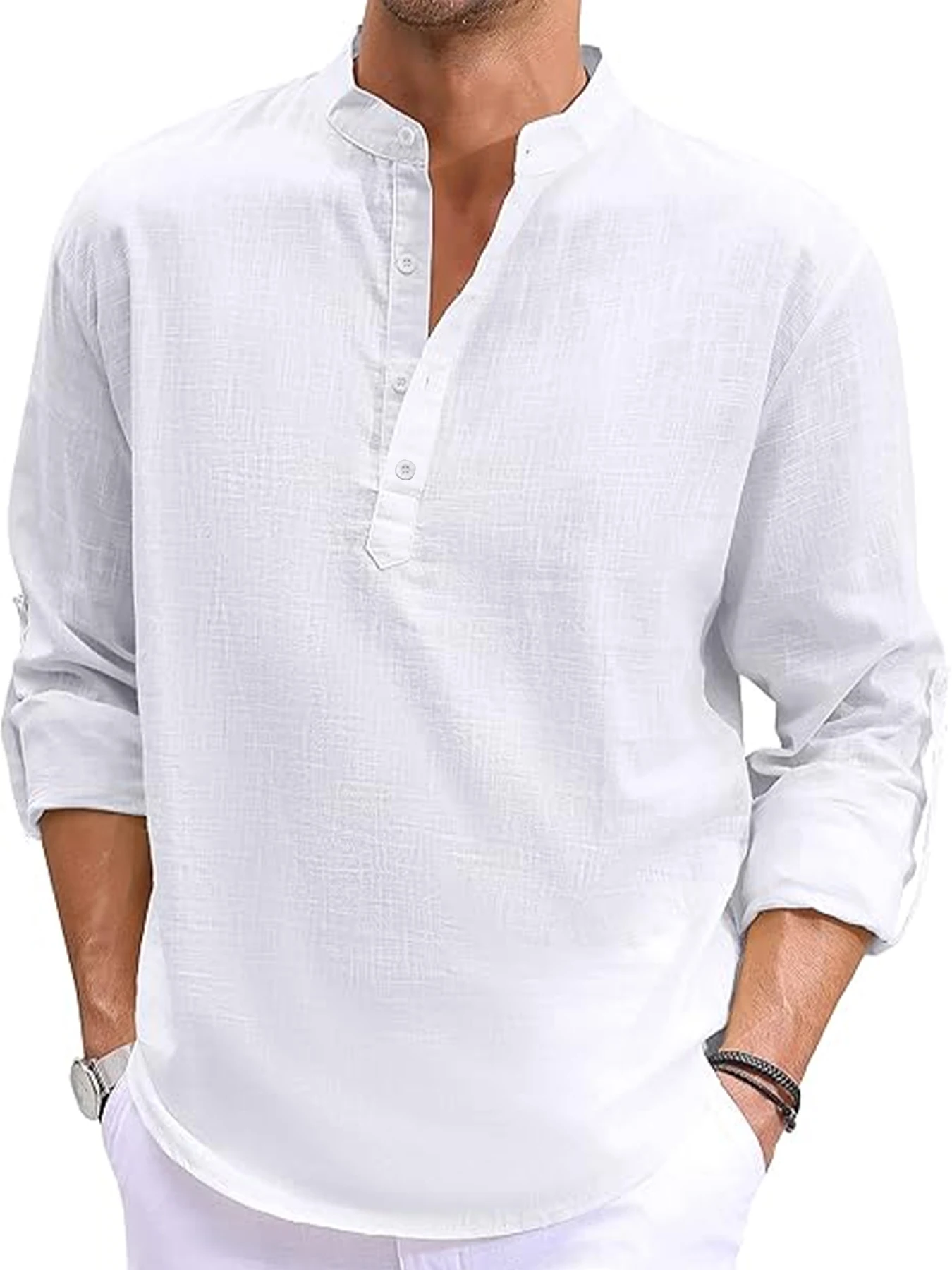 Neue Men Linen Long Sleeve T-Shirt Cotton Solid Color 3