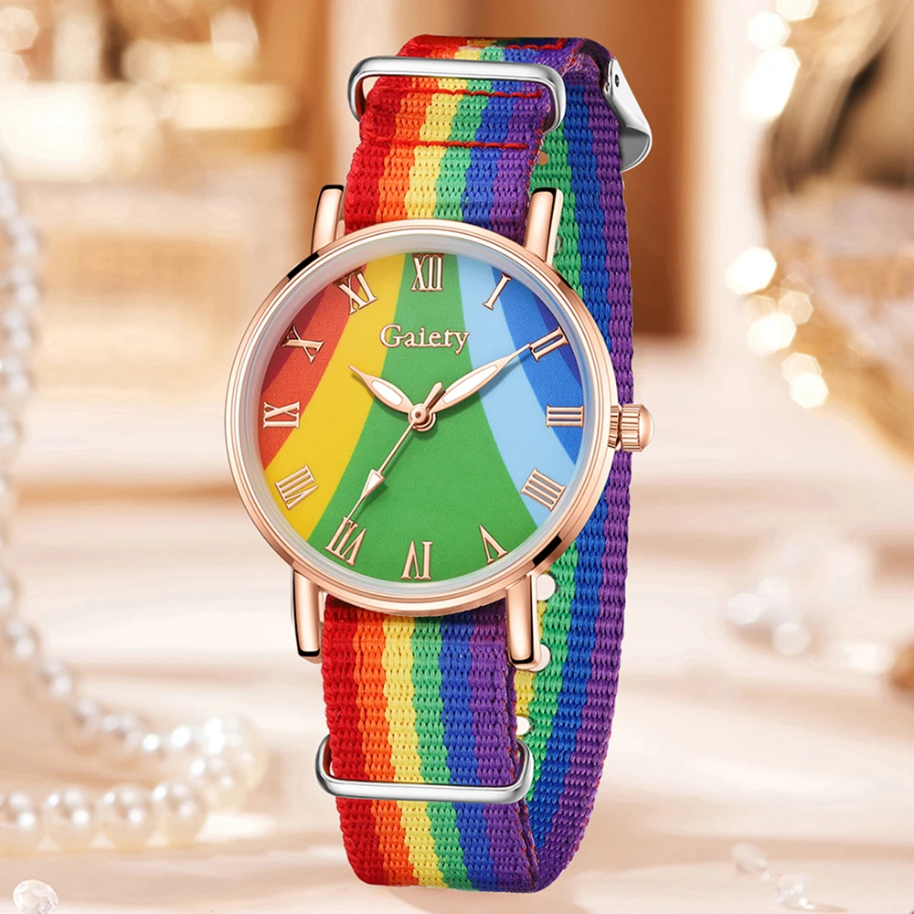 مجموعة ساعات نسائية عصرية مكونة من 4 قطع، مجموعة أساور كوارتز عصرية وشخصية من عناصر قوس قزح، هدية مثالية #2