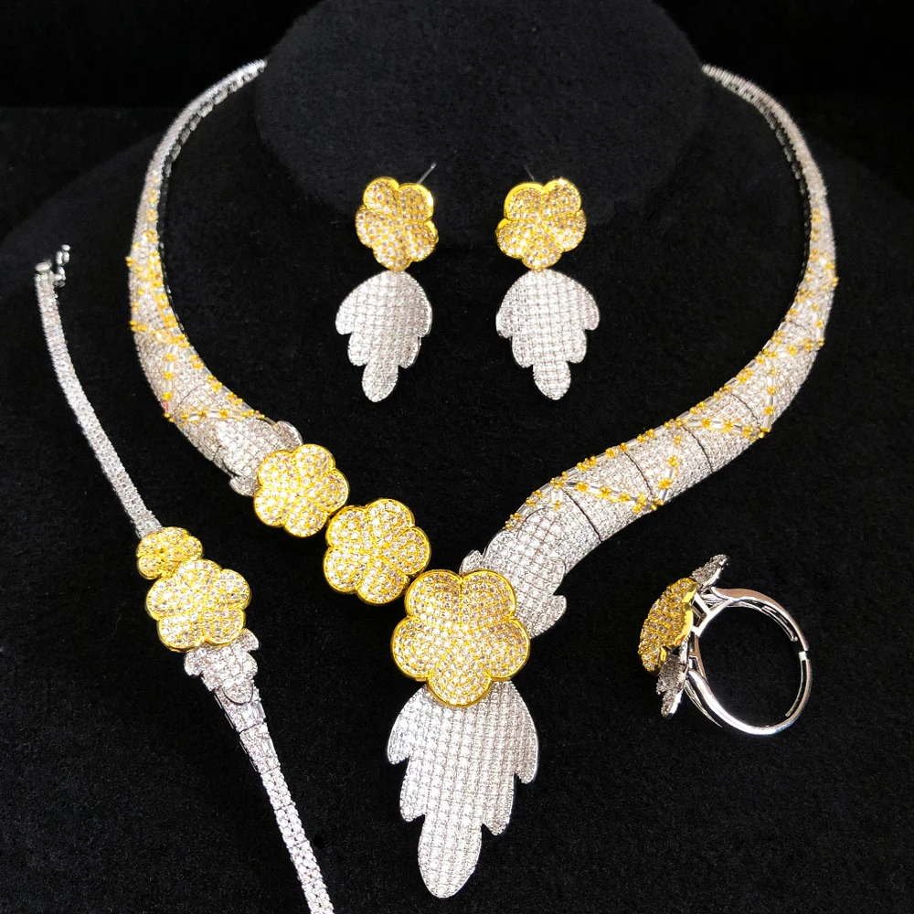 Missvikki Luxury Cute Flower Necklace Bangle Earrings Ring Noble Nigerian Indian Bridal Wedding Full Cubic Zirconia Jewelry Set