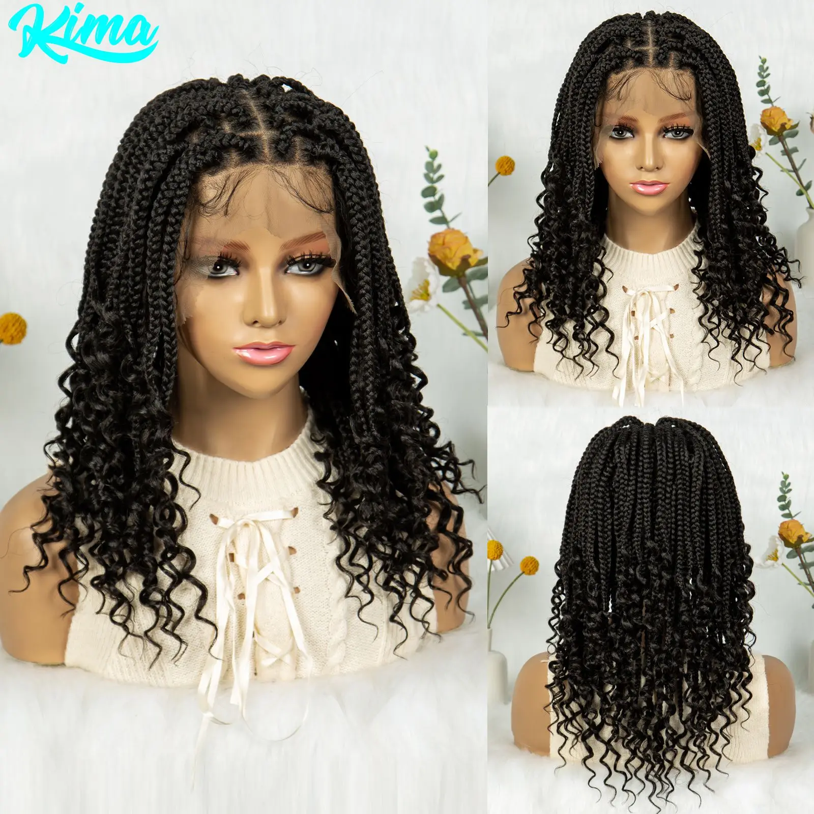 Knotless Box Braided Wigs with Curly Ends Synthetic Full Lace Boho Braided Lace Wigs Lace Frontal Braids Wig for Black Women image 5