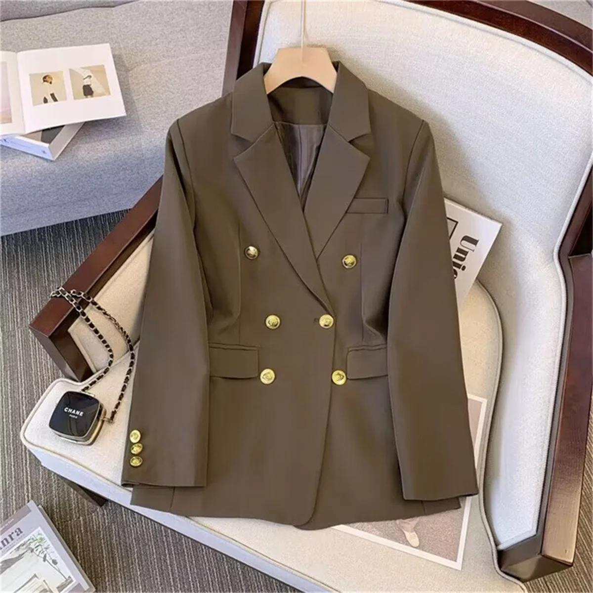 Blazer de temperamento a la moda para mujer, abrigo ajustado de manga larga con doble botonadura, chaqueta de traje para otoño y primavera, prendas de vestir informales para mujer de oficina