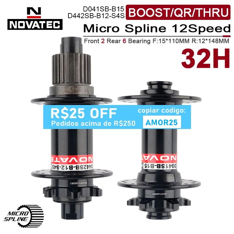 NOVATEC Micro Spline Hub 32 Furos Cubo 148x12 MTB Boost MTB MS Cubes Axle Boost 12 Velocidades Mountain Bike Hubs para Shimano M6100 M7100 M8100 Frente 15x100 15x110 9x100 Traseira 10x135 12x142 12x148
