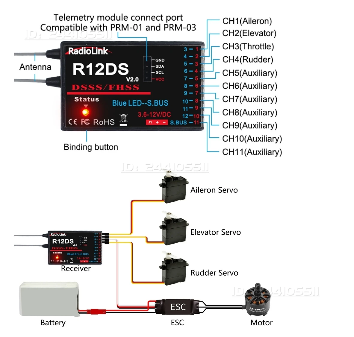Radiolink R12DS 12-kanałowy odbiornik 2.4G 4000 metrów telemetria w czasie rzeczywistym 3.6-12V do samolotów RC, łodzi, robotów, multikopterów, szybowców