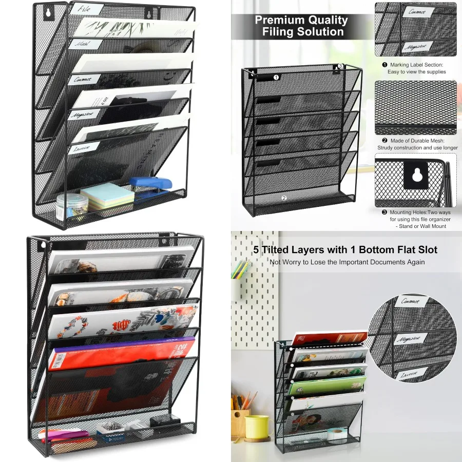 حامل ملفات شبكي مثبت على الحائط مكون من 5 طبقات مع نظام وضع العلامات لتنظيم المستندات الفعالة في المكتب والمنزل أو المساحات المقصورة #1