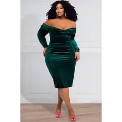 Plus Size Semi Formal Midi Dresses Elegant Emerald Green Fall Winter Off The Shoulder 3/4 Sleeve Velvet Midi Dresses