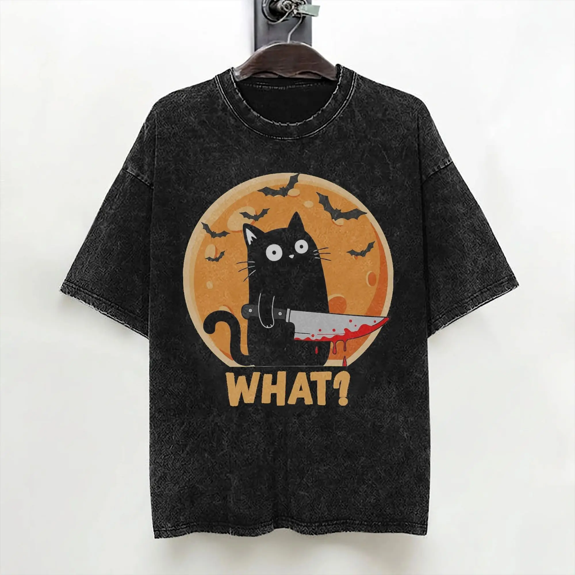 Cat What Black Cat With Knife Halloween Washed T Shirts Streetwear Hip Hop Vintage T-Shirts Tees for Men Cotton Street Summer