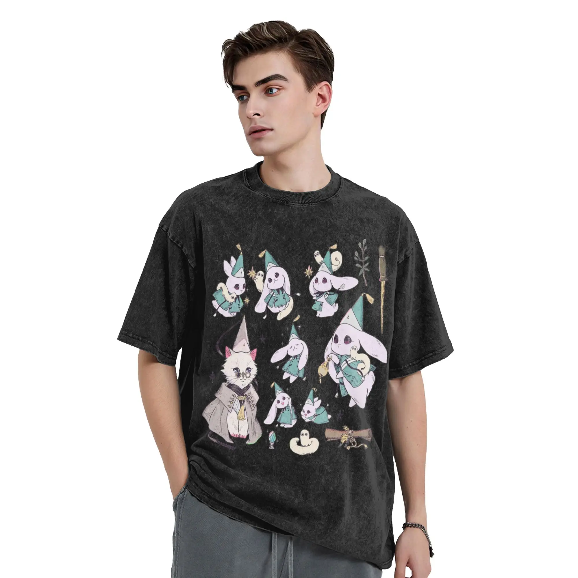 Magical Bunny Witch Hat Atelier Anime Washed T Shirts Streetwear  Vintage T-Shirts Tees for Men Women Short Sleeve Summer