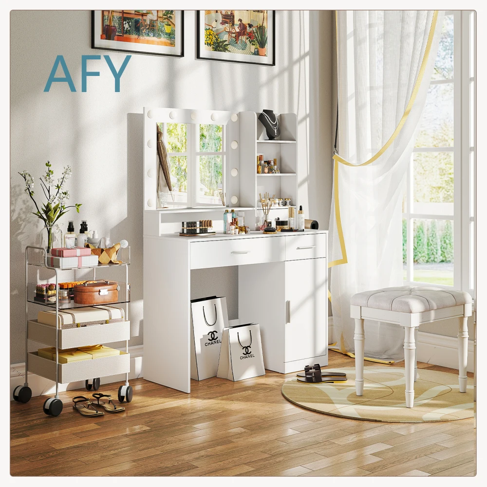 Dressing Table with Mirror and Light for Women Adjustable Brightness Vanity Table with Drawers Storage Shelves White Makeup