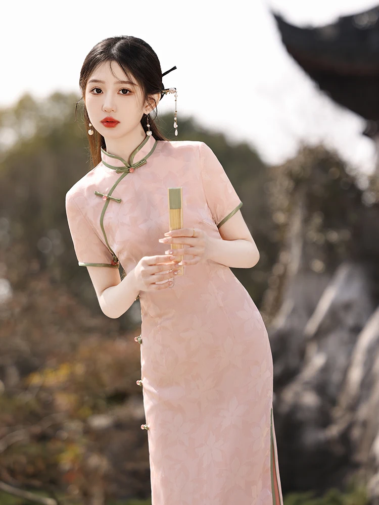 

Розовое летнее платье-миди с коротким рукавом в китайском стиле, новый дизайн, для повседневной носки, стройнящее, красивое