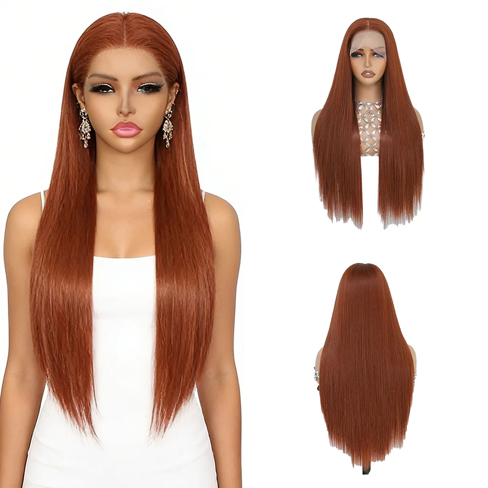 Peluca con frente de encaje 13x4, color marrón jengibre, línea de cabello realista y natural, resistente al calor, peluca reestilizable para mujeres, fiesta, cosplay, uso diario
