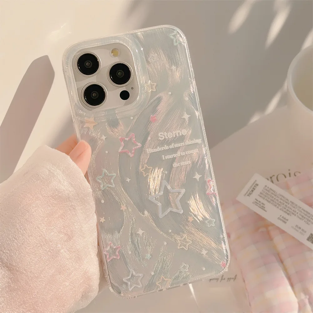 Koreanische Laser Nette Bunte Stern Silber Feder Telefon Fall Für iphone 16 15 14 13 12 11 Pro max 16 Plus Stoßfest Zurück Abdeckung