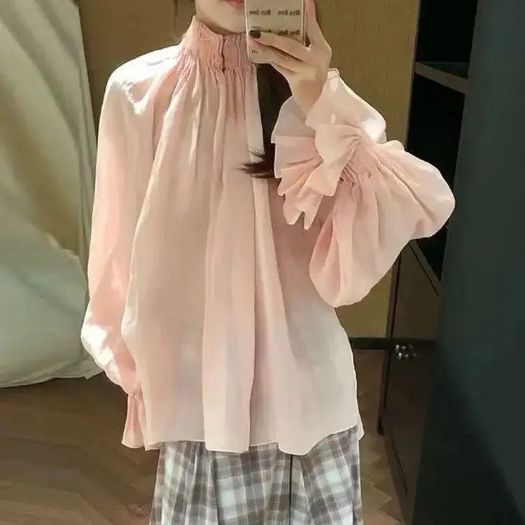 

Women Pink linen Blouse Pleated Stand Collar Flare Sleeve Fashion sweet Shirt tops