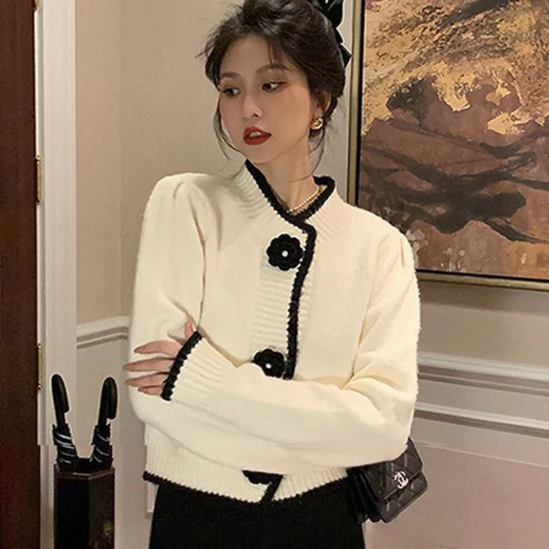 French Patchwork Knitted Cardigan Women Autumn Winter New Fashion Crop Sweater Coat Sweet All Match Flower Cute Tops Female