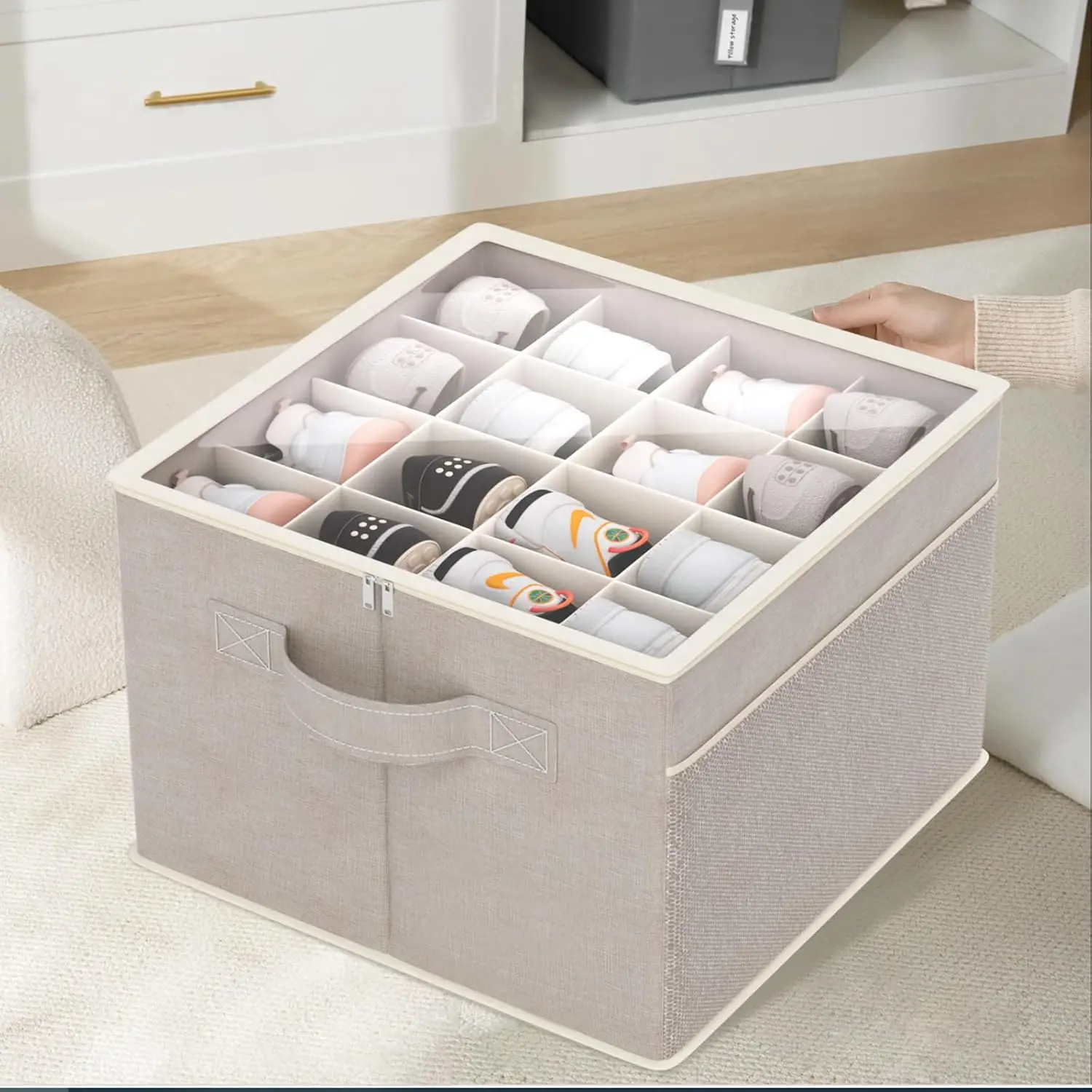 

Shoe Organizer for Closet- Fits Foldable Shoe Storage with Clear Cover, Adjustable Dividers Shoe Containers with Mesh Pockets