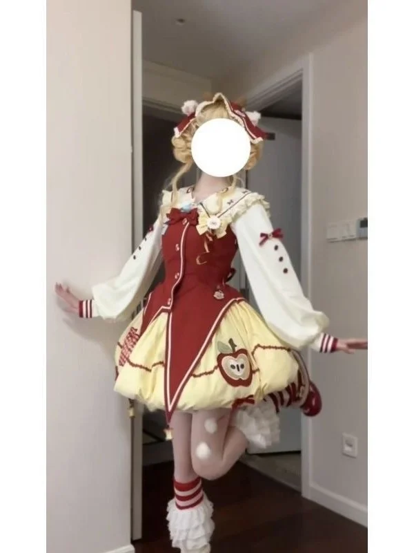 

Sweet Lovely Lolita Top Red Asymmetrical Tee-piece Set Puffy Flower Bud Skirt for Women Autumn Faion Ensemble