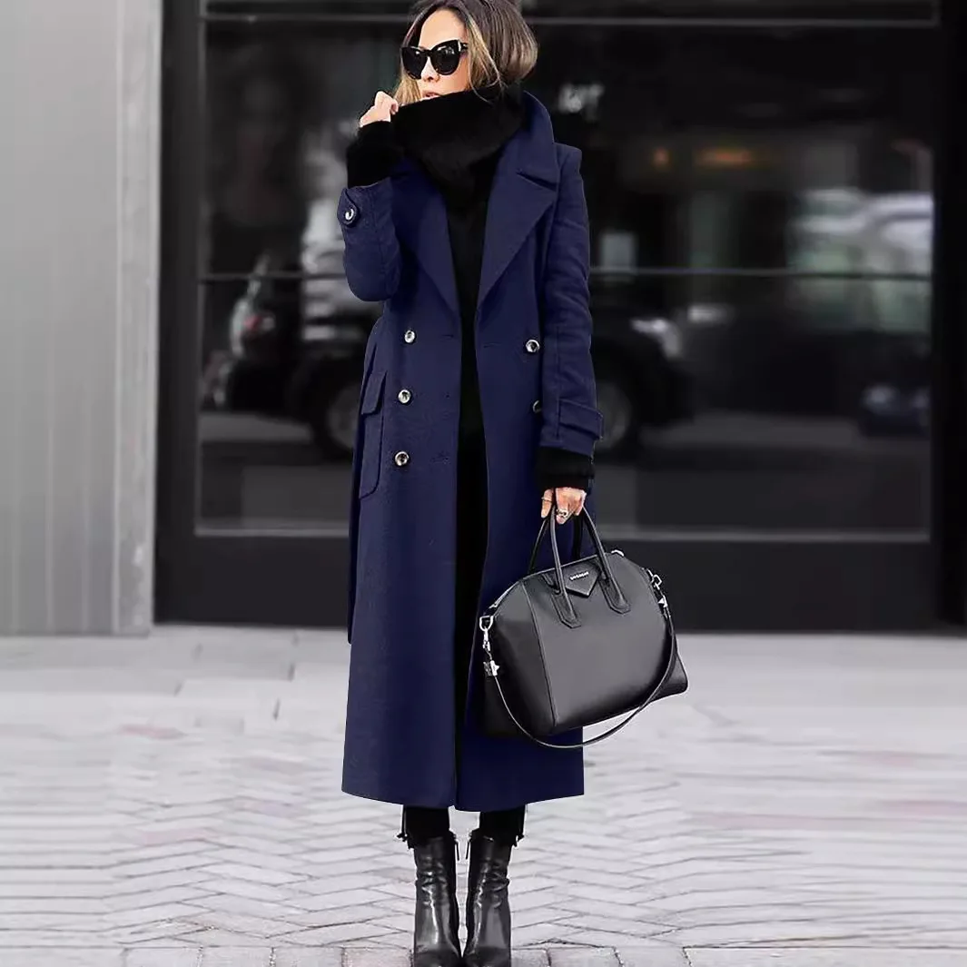

Cardigan Wool Women Long Coats Lapel Button Straight Blends Casual Solid Full Sleeve Jackets Pockets Office Lady Autumn Winter