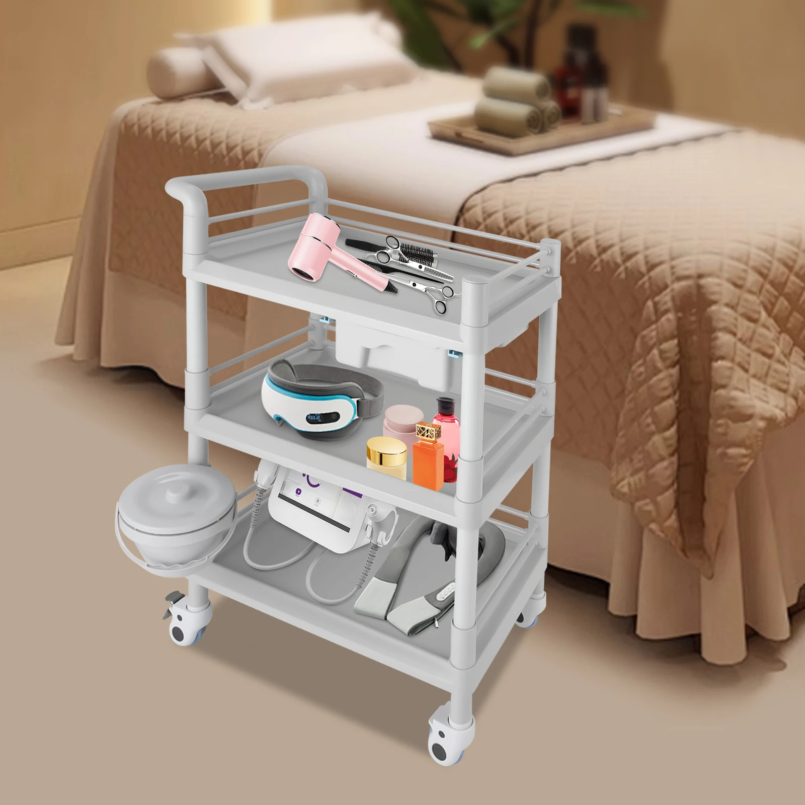 3 Tier Heavy Duty SPA Cart Beauty Salon Trolley Cart, Esthetician Cart with Wheels & Bucket and 1 Big Drawer Load 330lbs, 360°