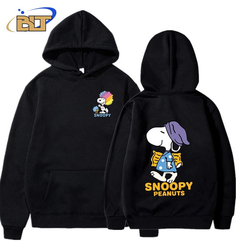 Snoopy Print Men\'s Autumn and Winter Hooded Plush Sweater Black Loose Top