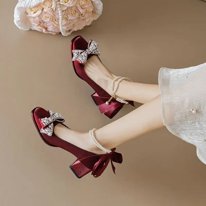 

​Women's Burgundy Square Toe Bow Mary Jane Block Heel Wedding Shoes 2025 New Style Elegant Medium Heel Fashion Footwear