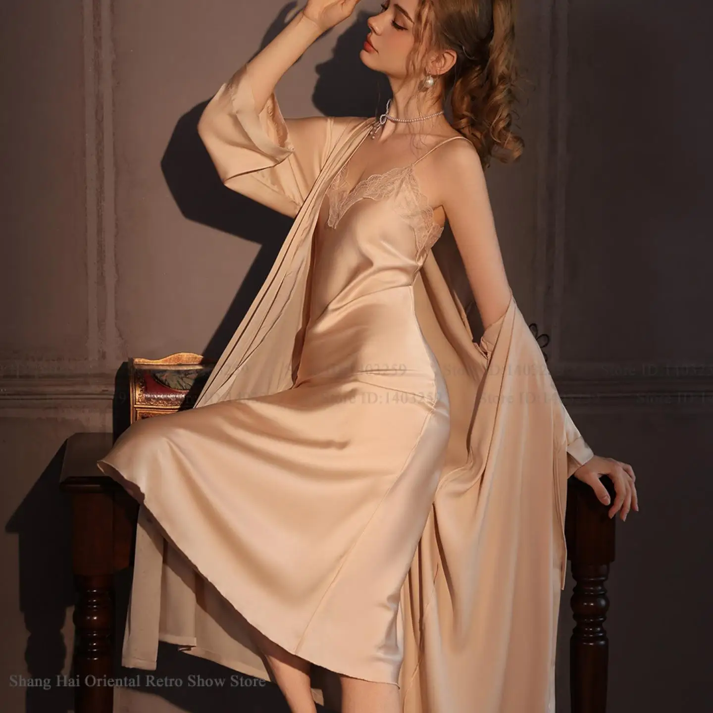 Elegante femminile Twinset Robe Set Lungo Kimono Accappatoio Abito Sexy Camicia da notte in pizzo Lingerie Primavera Autunno Nuovo Sleepwear Abito da casa