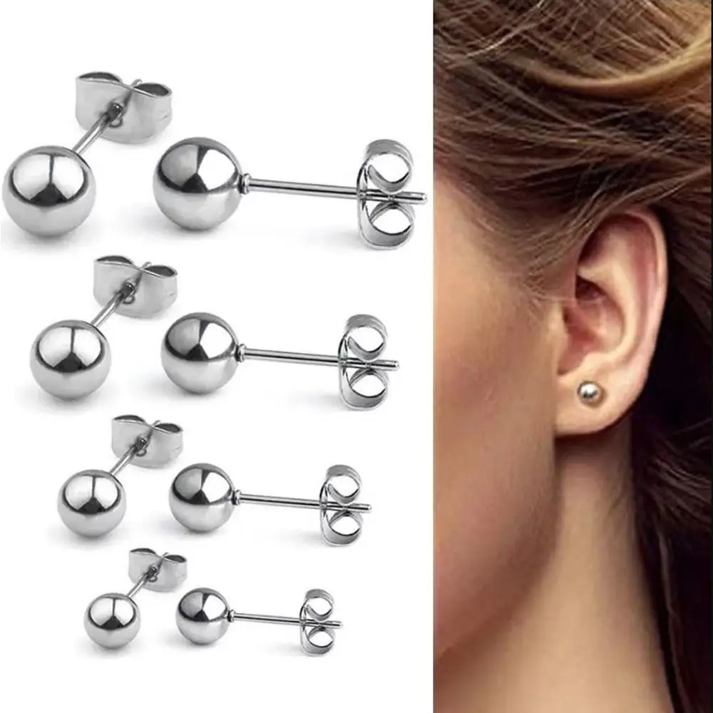 1Pair Silvery Brief Small Round Balls 2mm to 10mm Stud Earrings 316l Stainless Steel Earring Body Piercing Jewelry For Women