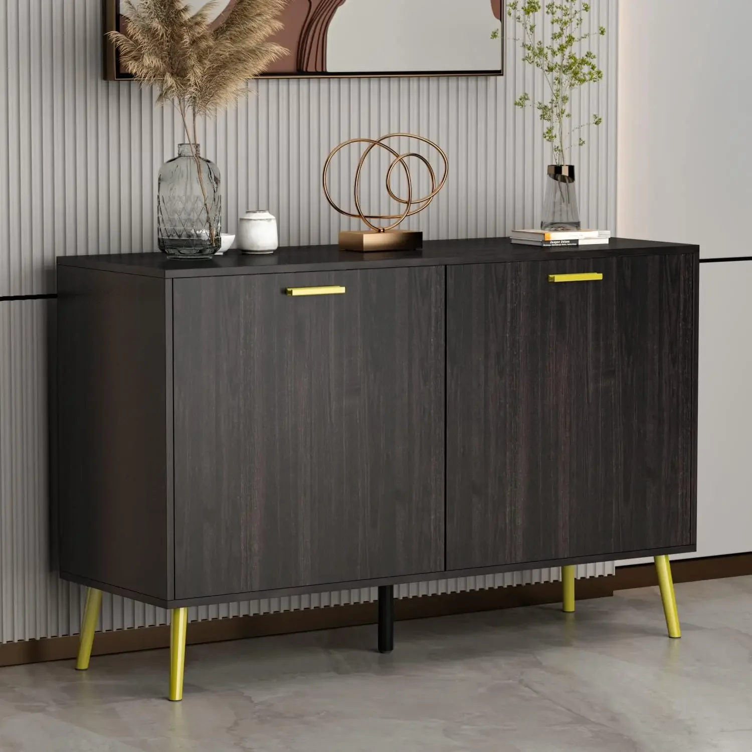 

2 Doors Kitchen Buffet Storage Cabinet, Modern Black Brown Buffet Cabinet