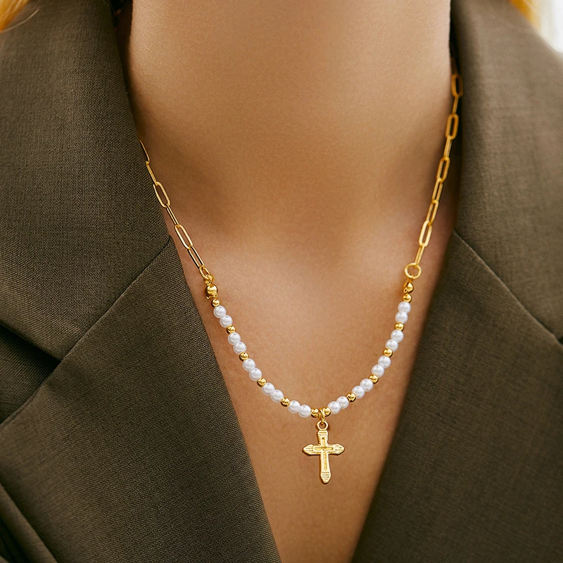 

PAPERPLUS | Cheap Cross Necklace for Women. Pearl Charms Jewelry.1Pcs.French Style Gifts.Alloy Material. New