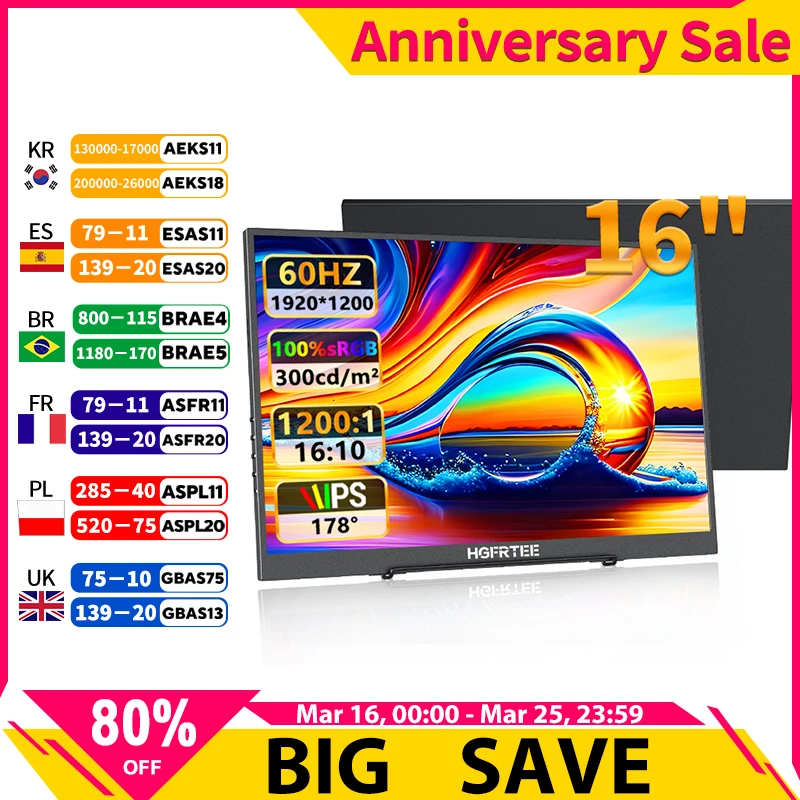 HGFRTEE 16-Zoll tragbarer Monitor FHD IPS 100 % sRGB 300 cd/m2 PC-Spiel Erweitertes Display Laptop Zweiter Bildschirm mit VESA und Halterung