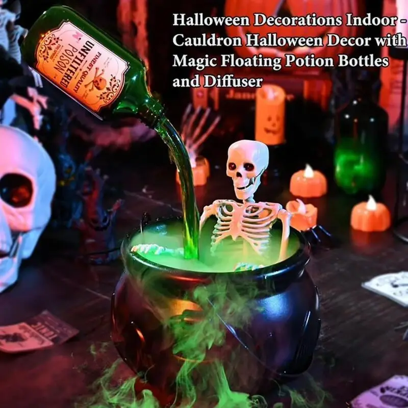 Hexenkessel für Halloween mit LED-Licht & Nebelmaschine, Skelett-Dekoration für gruselige Hocus-Pocus-Partys, Hexenkessel-Halloween-Set