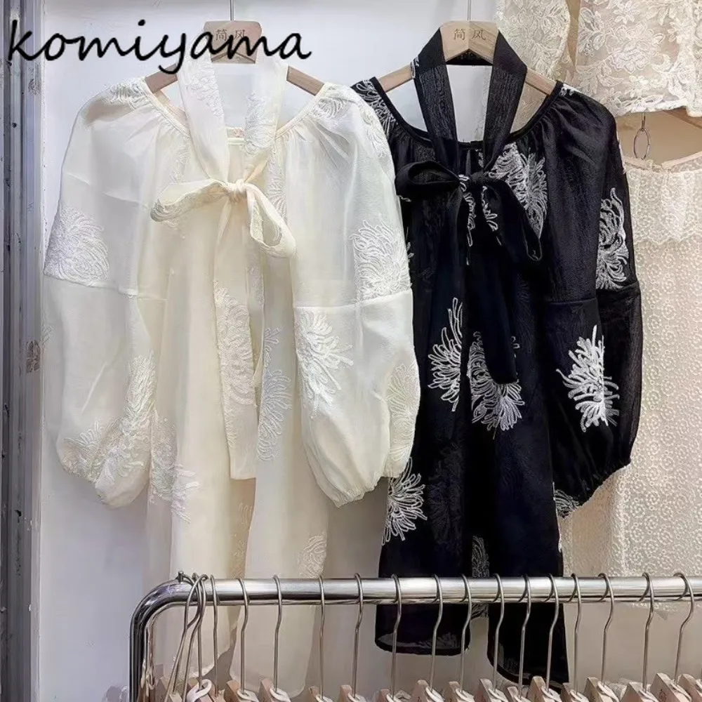 

Mesh Embroidery Flower 2025 Shirts & Blouses Lace-up Blusas Mujer Long Sleeve Woman Clothing Loose Ropa Autumn Moda Camisas
