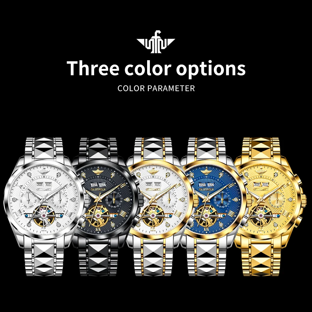 ساعة يد ميكانيكية أوتوماتيكية للرجال من OUPINKE مقاومة للماء ساعات رجالية فاخرة مضيئة من الفولاذ التنغستن 3265