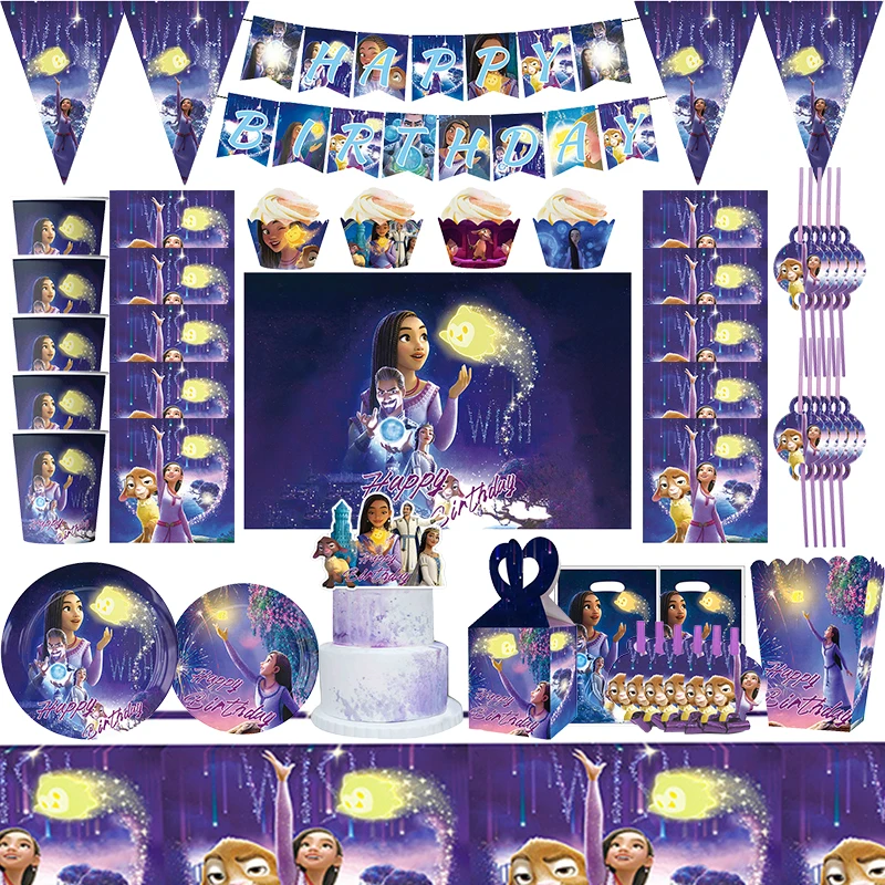 Nowe dekoracje urodzinowe Disney Wish Asha Girls Papierowe talerze Kubki Serwetki Balony Torba na prezenty Baby Shower Materiały dla dzieci