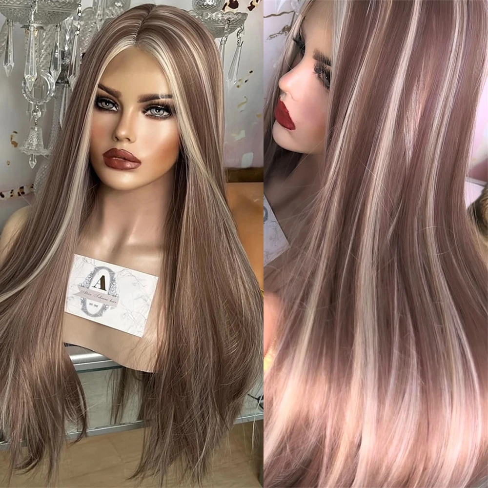 

Роскошный блонд-парик для женщин, длинный прямой парик красно-коричневого цвета с мелированием, синтетический парик с кружевной передней частью для повседневного использования и косплея, термостойкий