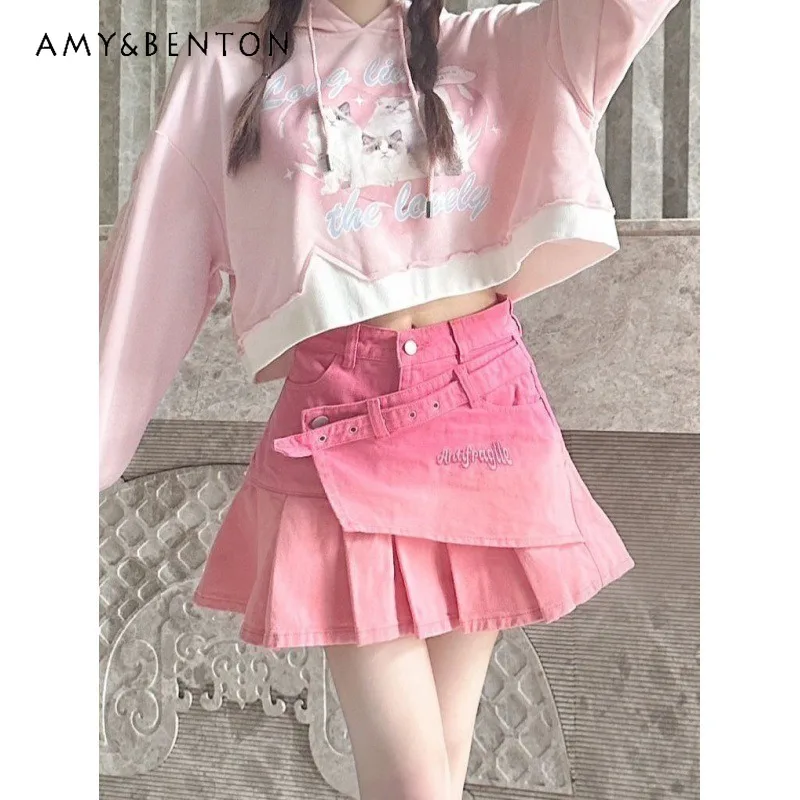 25 Summer New Dopamine Wear Sweet Sister High Waist Denim Skirt Women's Gradual Change Pink Pleated For Skirt