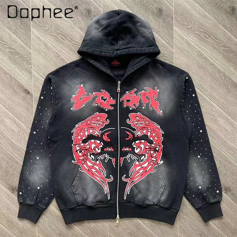 American Retro Printed Washed Casual Zipper Hoodie and Pants Sets Autumn New Trendy Personality Handsome Sports Suit for Men
