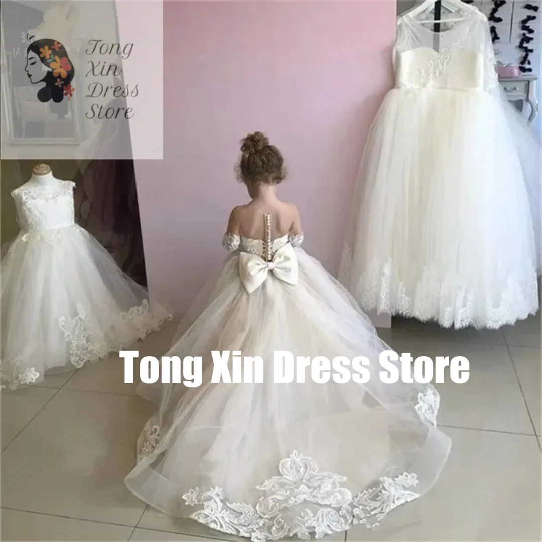 Maßgeschneiderte Hochzeit Spitze Länge A-Linie Schleife Blumenmädchenkleider für Applikationen Boden Kinder Geburtstag Party Brautjungfer Erstkommunion