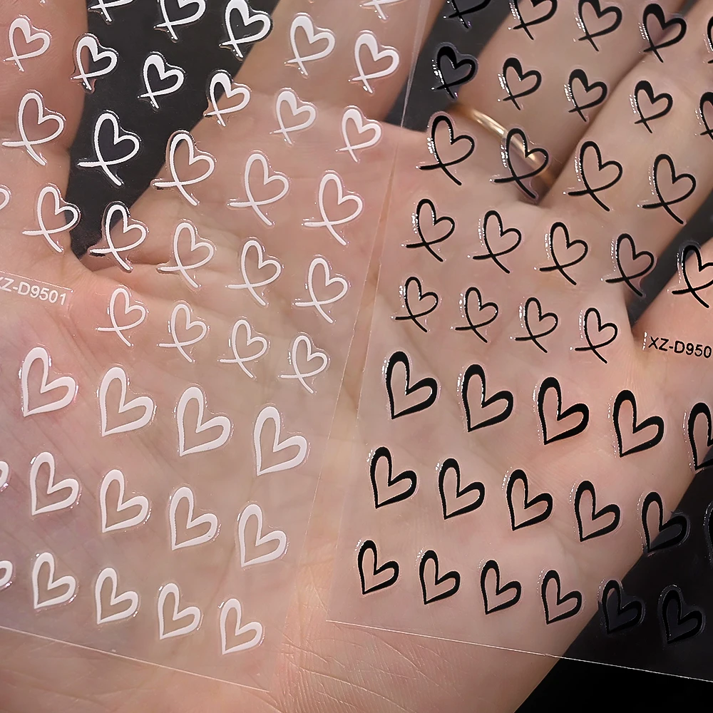 8 pièces 3D brillant or argent coeur Nail Art autocollants doux rose blanc creux coeur adhésif décalcomanies saint valentin bricolage ongles décoration