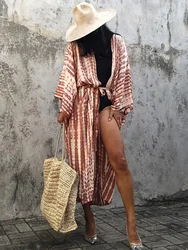 Boho krawat w paski barwnik osłona do Bikini Sexy tuniki długie Kimono Pareo szata kobiety stroje kąpielowe Cover Up Cardigan Beach Wear Bath Outlet